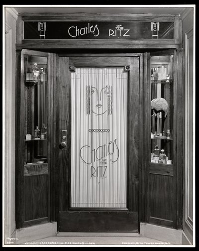View of the entrance to Charles of the Ritz beauty salon in the Ritz Tower Hotel, Park Avenue and 57th Street, New York, 1932 by Byron Company